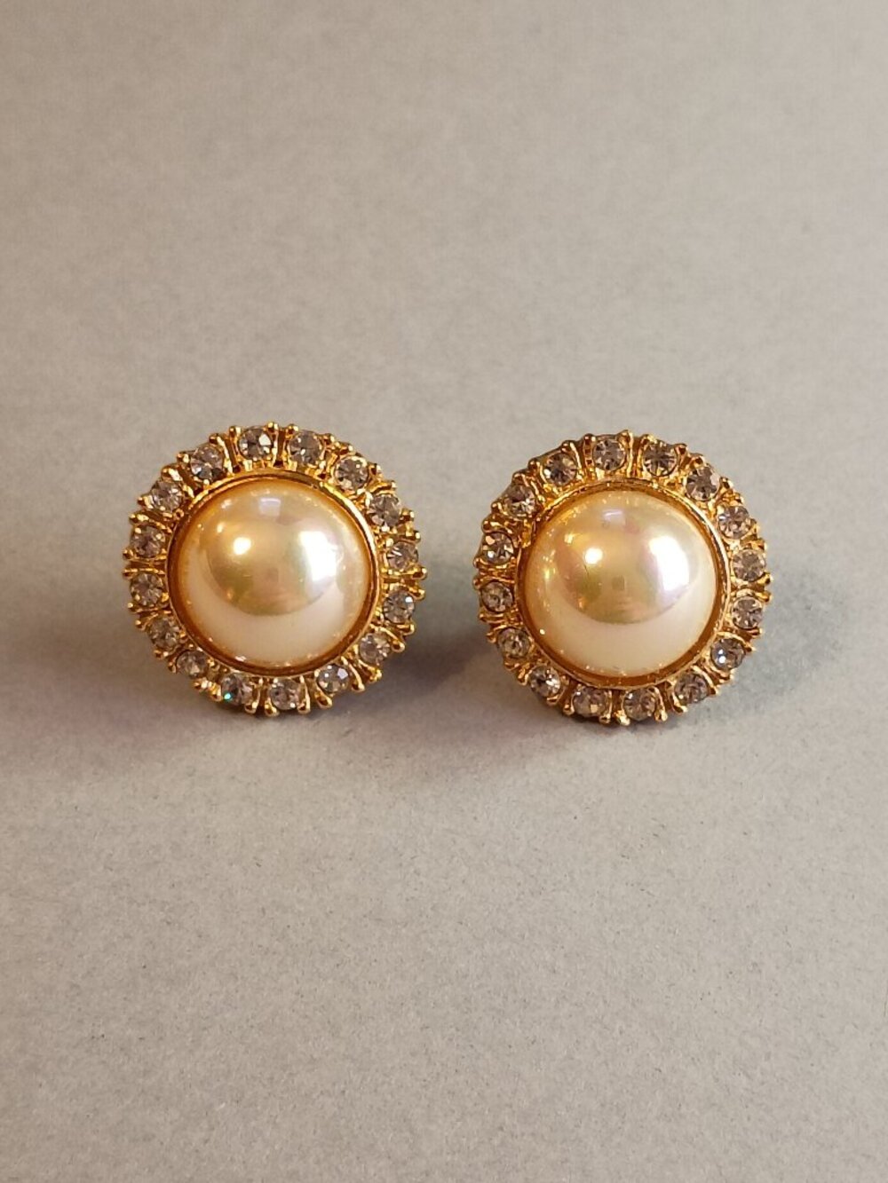 Vintage Roman Gold Tone Faux Pearl Rhinestone Halo Stud Earrings Signed